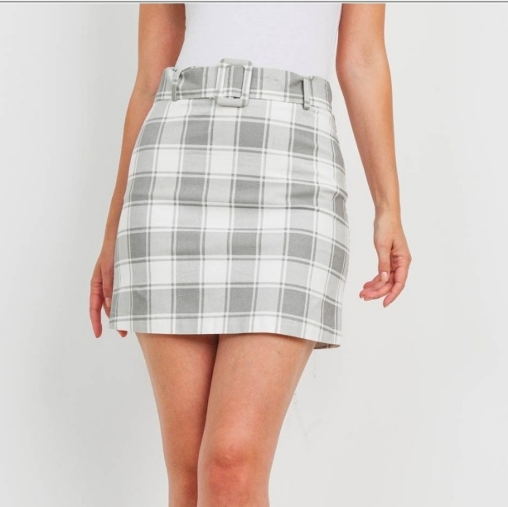 Mittoshop Gray & Ivory Checkered Plaid Belted Mini Skirt